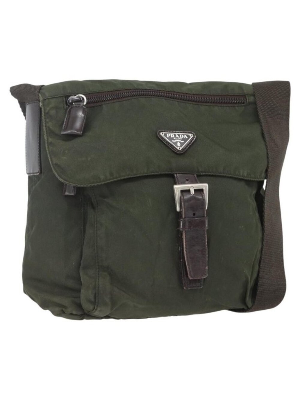 Authentic PRADA Shoulder Bag Nylon Khaki Silver